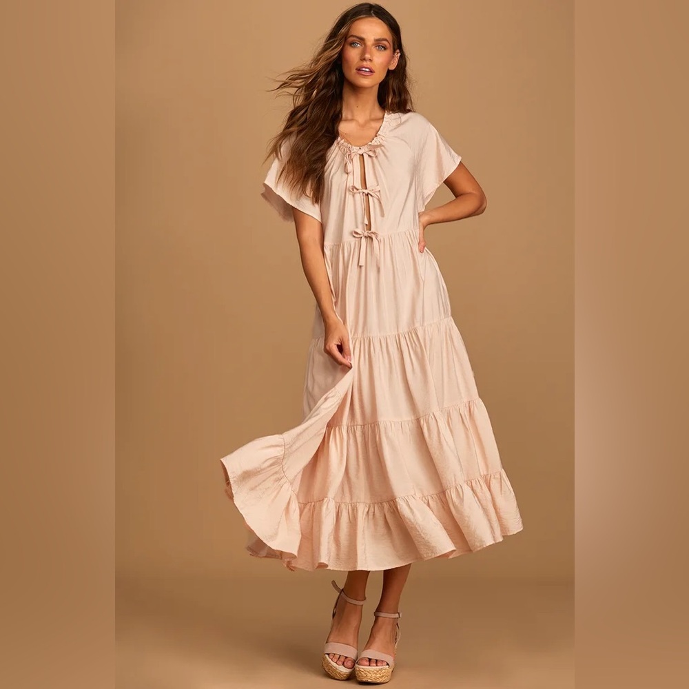Lulu's Present Moment Blush Pink Bow Tie Front Tiered Maxi Dress